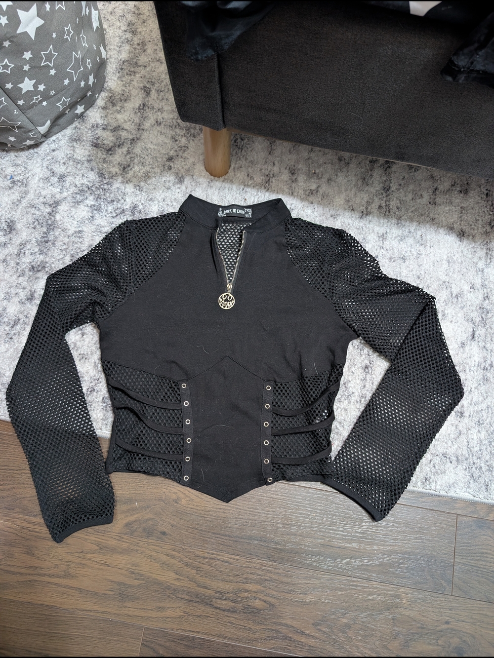 Black Mesh Sleeve Corset-Style Long Sleeve crop Top